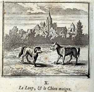 Ulven og den magre hunden. Fabler av Jean de La Fontaine (1621-95). Illustrasjon av François Chauveau (1613-1676). Utgave av 1728.