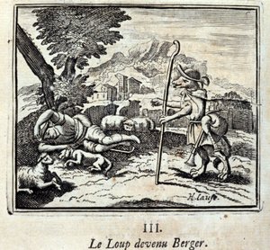 Ulven ble Berger.Fables av Jean de La Fontaine (1621-95). Illustrasjon av Francois Chauveau (1613-1676). Utgave av 1728. av Francois Chauveau