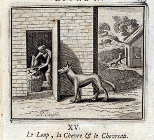 Ulven, geiten og geiten. Fabler av Jean de La Fontaine (1621-95). Illustrasjon av François Chauveau (1613-1676). Utgave av 1728.