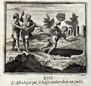 Astrologen som faller ned i en brønn. Fabler av Jean de La Fontaine (1621-95). Illustrasjon av François Chauveau (1613-1676). Utgave av 1728. av Francois Chauveau