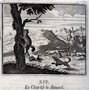 Katten og reven. Fabler av Jean de La Fontaine (1621-95). Illustrasjon av Francois Chauveau (1613-1676). Utgave av 1728. av Francois Chauveau