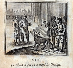 Hunden vi kuttet av ørene hans. Fabler av Jean de La Fontaine (1621-95). Illustrasjon av François Chauveau (1613-1676). Utgave av 1728. av Francois Chauveau