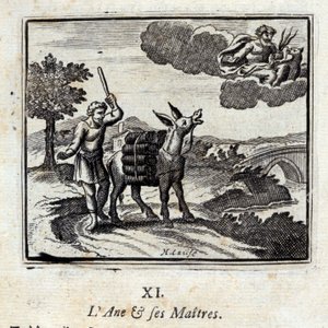 Eselet og hans herrer. Fabler av Jean de La Fontaine (1621-95). Illustrasjon av François Chauveau (1613-1676). Utgave av 1728. av Francois Chauveau