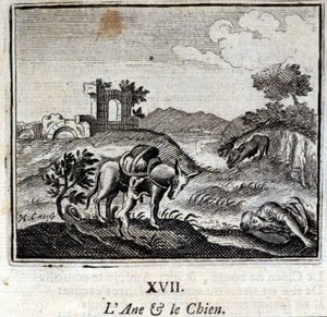 Eselet og hunden. Fabler av Jean de La Fontaine (1621-95). Illustrasjon av François Chauveau (1613-1676). Utgave av 1728.