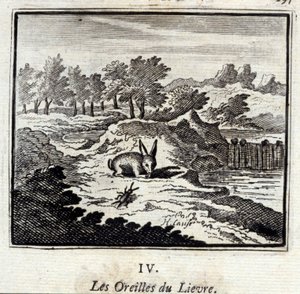 Ørene til Lievre. Fabler av Jean de La Fontaine (1621-95). Illustrasjon av François Chauveau (1613-1676). Utgave av 1728. av Francois Chauveau