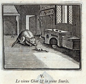 Den gamle katten og den unge musen. Fabler av Jean de La Fontaine (1621-95). Illustrasjon av François Chauveau (1613-1676). Utgave av 1728.