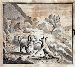 Den syke løven og reven. Fabler av Jean de La Fontaine (1621-95). Illustrasjon av François Chauveau (1613-1676). Utgave av 1728. av Francois Chauveau