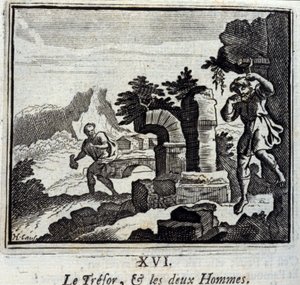 Skattmesteren og de to mennene. Fabler av Jean de La Fontaine (1621-95). Illustrasjon av François Chauveau (1613-1676). Utgave av 1728. av Francois Chauveau