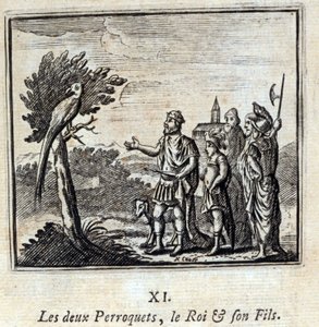 De to papegøyene kongen og hans sønn. Fabler av Jean de La Fontaine (1621-95). Illustrasjon av François Chauveau (1613-1676). Utgave av 1728. av Francois Chauveau