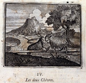 De to geitene. Fabler av Jean de La Fontaine (1621-95). Illustrasjon av François Chauveau (1613-1676). Utgave av 1728.