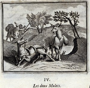 De to muldyrene. Fabler av Jean de La Fontaine (1621-95). Illustrasjon av Francois Chauveau (1613-1676). Utgave av 1728. av Francois Chauveau