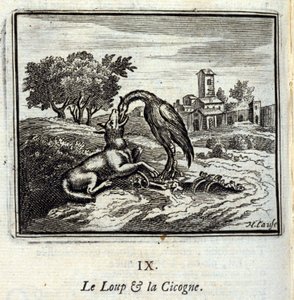Ulven og storken. Fabler av Jean de La Fontaine (1621-95). Illustrasjon av François Chauveau (1613-1676). Utgave av 1728. av Francois Chauveau