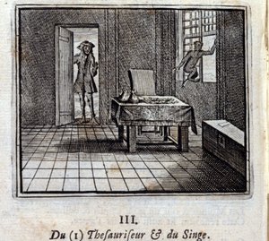 Tesaurizer og Monkey. Fabler av Jean de La Fontaine (1621-95). Illustrasjon av Francois Chauveau (1613-1676). Utgave av 1728. av Francois Chauveau