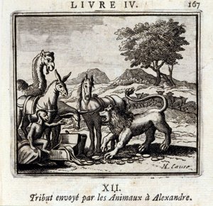 Hyllest sendt av Dyrene til Alexander. Fabler av Jean de La Fontaine (1621-95). Illustrasjon av François Chauveau (1613-1676). Utgave av 1728. av Francois Chauveau