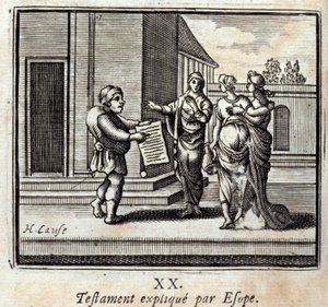 Will forklart av Aesop. Fabler av Jean de La Fontaine (1621-95). Illustrasjon av Francois Chauveau (1613-1676). Utgave av 1728. av Francois Chauveau