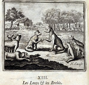 Ulver og sauer. Fabler av Jean de La Fontaine (1621-95). Illustrasjon av Francois Chauveau (1613-1676). Utgave av 1728. av Francois Chauveau