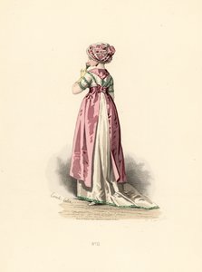 Kvinne i hvit kjole og corsage med grønn kant, rosa forkle. av Francois Claudius (after) Compte Calix