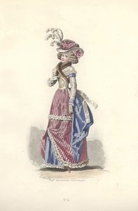 Kvinne i tricolor antrekk, æra av Marie Antoinette. av Francois Claudius Compte Calix