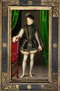 Portrett av Charles IX (1550-1574), andre sønn av Henry II og Catherine de Medicis, konge av Frankrike ved døden av sin bror i Francois II (1544-1560), giftet seg i 1570 med Elizabeth av Østerrike (1554-1592), Regne hans er preget av religionskrigene og th av François Clouet
