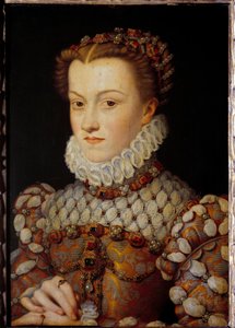 Portrett av Elisabeth av Østerrike (1554-1592) Dronning av Frankrike, kone til Charles IX Maleri av Francois Clouet (1515-1572) ca. 1571 Søn. 0,36x0,26 m - Portrett av Elisabeth av Østerrike (1554-1592), dronning av Frankrike, kone til Karl IX. Maleri av F av François Clouet