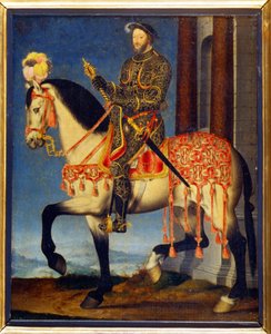 Portrett av Francois I til hest av François Clouet (ca. 1510 - 1572). Musee des Uffizi, Firenze - Rideportrett av Frans I av Frankrike (olje på panel)