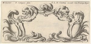 Plate 10: en kartusj med hodene til to løver i profil til venstre og høyre i t..., ca. 1640-45.