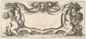 Plate 2: en kartusj med et barn sett fra baksiden til venstre og et barn sett fra ..., ca. 1640-45.