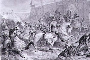 The Taking of Calais av Francis, 2nd Duke of Guise (1519-63) i 1558, gravert av Amedee Felix Barthelemy Geilee (1802-43) (gravering) av Francois Edouard (after) Picot