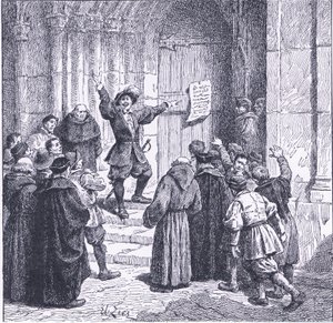 Robert Aske fester sin proklamasjon på døren til York Minster, fra Cassells History of the British People utgitt av Waverley Book Company, ca. 1950-tallet (litho)