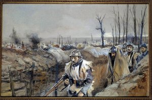 Første verdenskrig: "" Utsikt over Souchez (i Artois), en skyttergrav den 18/12/1915"" Akvarellmaleri av Francois Flameng (1856-1923) Desember 1915 Søn. 0,3x0,48 m Paris, musee de l