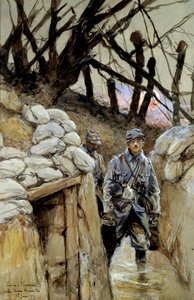 Første verdenskrig: "" En soldat av suppekorvee i grøften Notre-Dame-de-Lorette 28.06.1915"" Akvarellmaleri av Francois Flameng (1856-1923) juni 1915 Søn. 0,3x0,48 m Paris, Musee de l