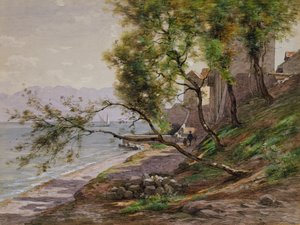 På kanten av Genfersjøen (akvarell på papir) av Francois Furet
