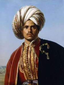 Portrett av en osmansk prins, halv lengde, i rødt og gull, av Francois Henri Alexandre La Fond