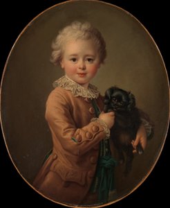 Gutt med svart spaniel.