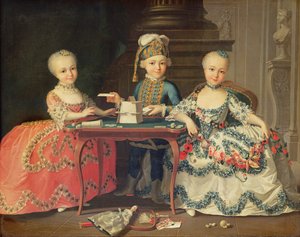 Gruppeportrett av en gutt og to jenter som bygger et korthus med andre spill ved bordet av Francois Hubert Drouais