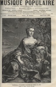 Portrett av Marie Pelissier (eller Pellissier) (1707-1749), fransk operasanger - gravering etter maleriet Hubert Drouais - gravering i "" La musique populaire""" illustrert ukeavis - 1882 av Francois Hubert Drouais