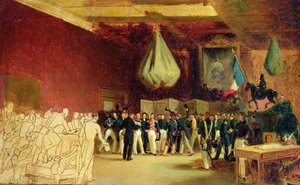 Deputertkammeret presenterer til hertugen av Orleans, Louis Philippe I (1773-1850), handlingen som kaller ham til tronen og charteret av 1830, i det kongelige palasset, 7. august 1830