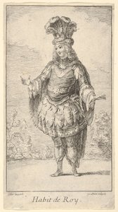 Habit de Roy: en mann iført en tonnelett dekorert med rosetter, en krone og en turban med..., ca. 1721.