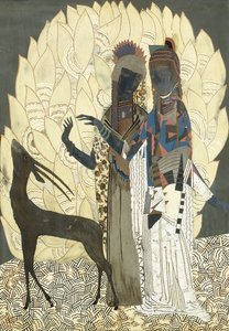 To stiliserte kvinner med en antilope blant løvverk, ca. 1928 (lakk og coquille d