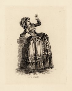 Fasjonabel kvinne i panser a la Nicolet, æra av Marie Antoinette (etsing) av Francois Louis Joseph (after) Watteau