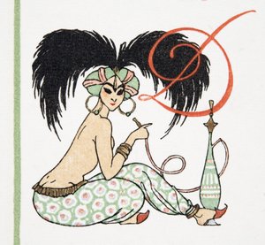 Arabian Girl with Hookah Pipe, fra Personages de Comedie, pub. 1922 (pochoir-trykk) av Francois Louis Schmied
