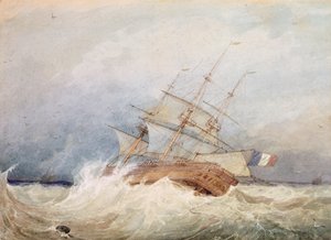 En fransk fregatt i stormfullt vær (akvarell)