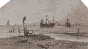 Skip ankret offshore i et stille hav av Francois Louis Thomas Francia