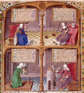 De fire kardinalvirusene: forsiktighet, styrke, kontinens og rettferdighet. Side hentet fra et manuskript av Seneque (Lucius Annaeus Seneca, 4 f.Kr.-65 e.Kr. JC), filosof ved den stoiske skolen, dramatiker og en romersk statsmann opplyst av mesteren Franco