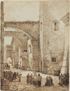 En prest behandler gjennom en middelaldergate i Viterbo av Francois Marius Granet