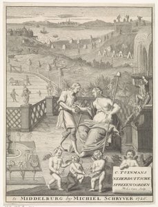 Nederlandsk jomfru mottar blomster fra en gartner Tittelside for: Carolus Tuinman, Opprinnelsen og tolkningen av (...) Nederduitsche ordspråk, 1726. av Francois Morellon la Cave