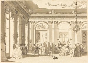 Forsamlingen i stua av Francois Nicolas Barthelemy Dequevauviller after Nicolas Lavreince