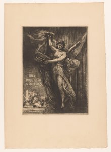 Titelprent setter engel i drukpers 1879 Nye etsninger (tittel på objekt) av Francois Nicolas Chifflart