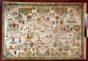 Geografisk kart over Middelhavet som viser Europas kyster (Frankrike, Spania, Italia og Afrika (Tunisia, Algerie, Egypt). Havet er befolket med monstre og karaveller, mens på land er synlige alle slags dyr og innbyggere i regi av Francois Ollive