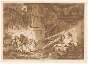 Ung snublende mann faller på en kvinne som blir malt La Culbute (tittel på objekt) av Francois Philippe Charpentier